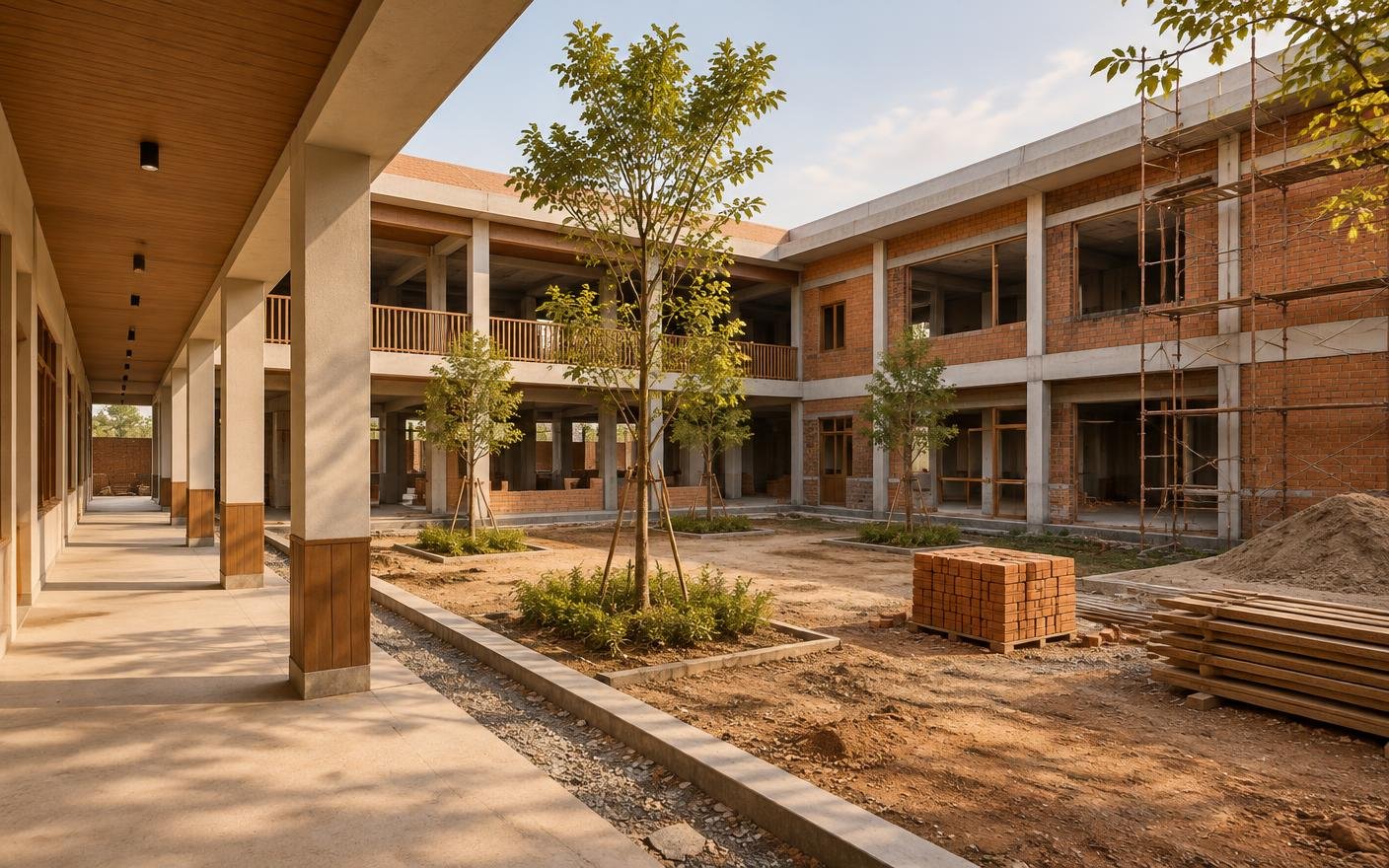 Concept visualization of an academic block under construction with brick infill walls and covered corridors