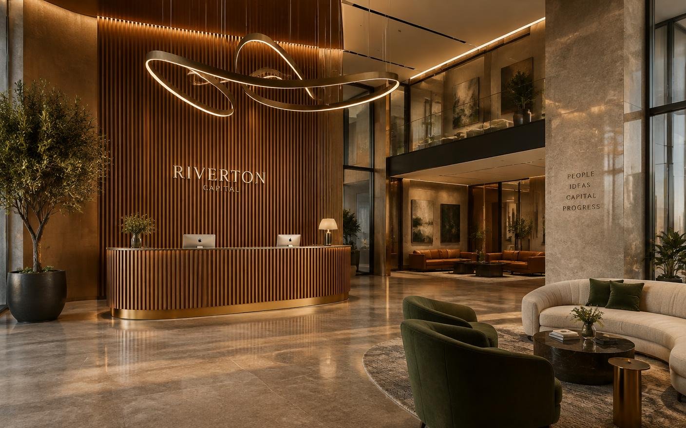 3D concept of a premium double-height corporate lobby with fluted timber reception