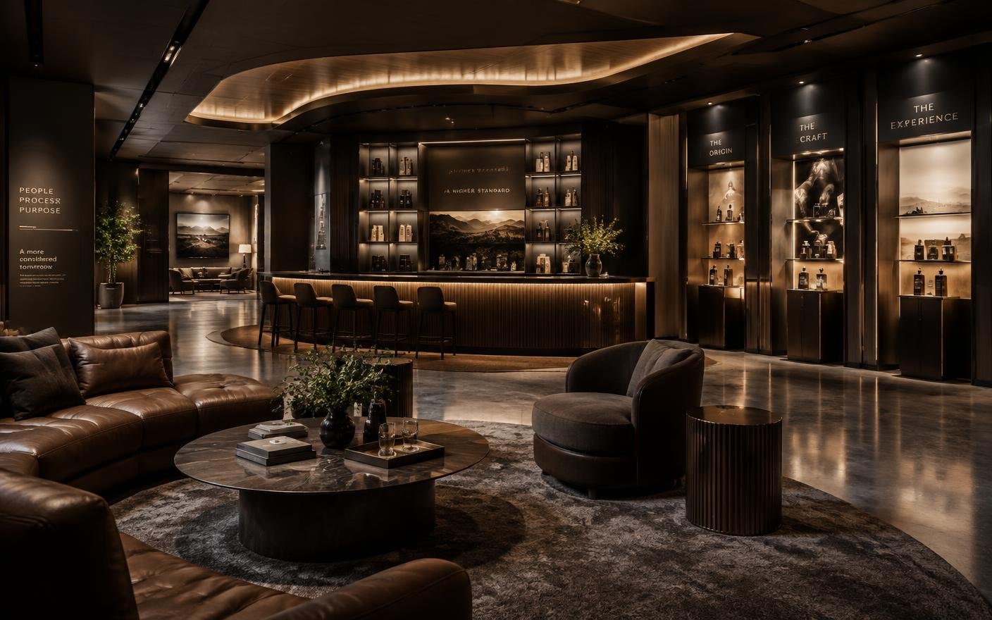 3D concept of a brand experience center lounge with showcase niches and bespoke counter