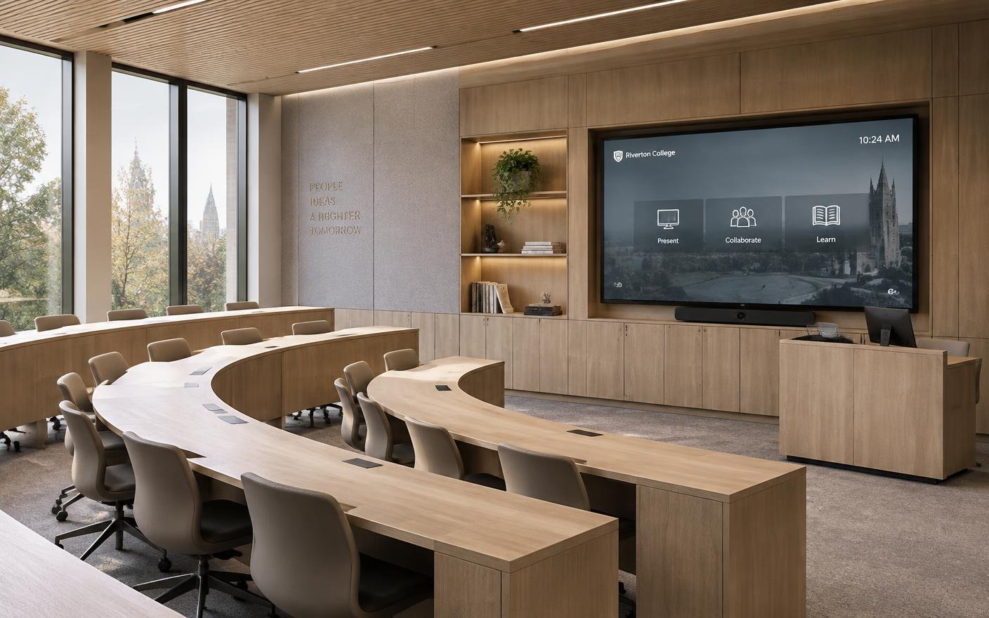 3D concept of a smart classroom with modular desks and integrated display joinery