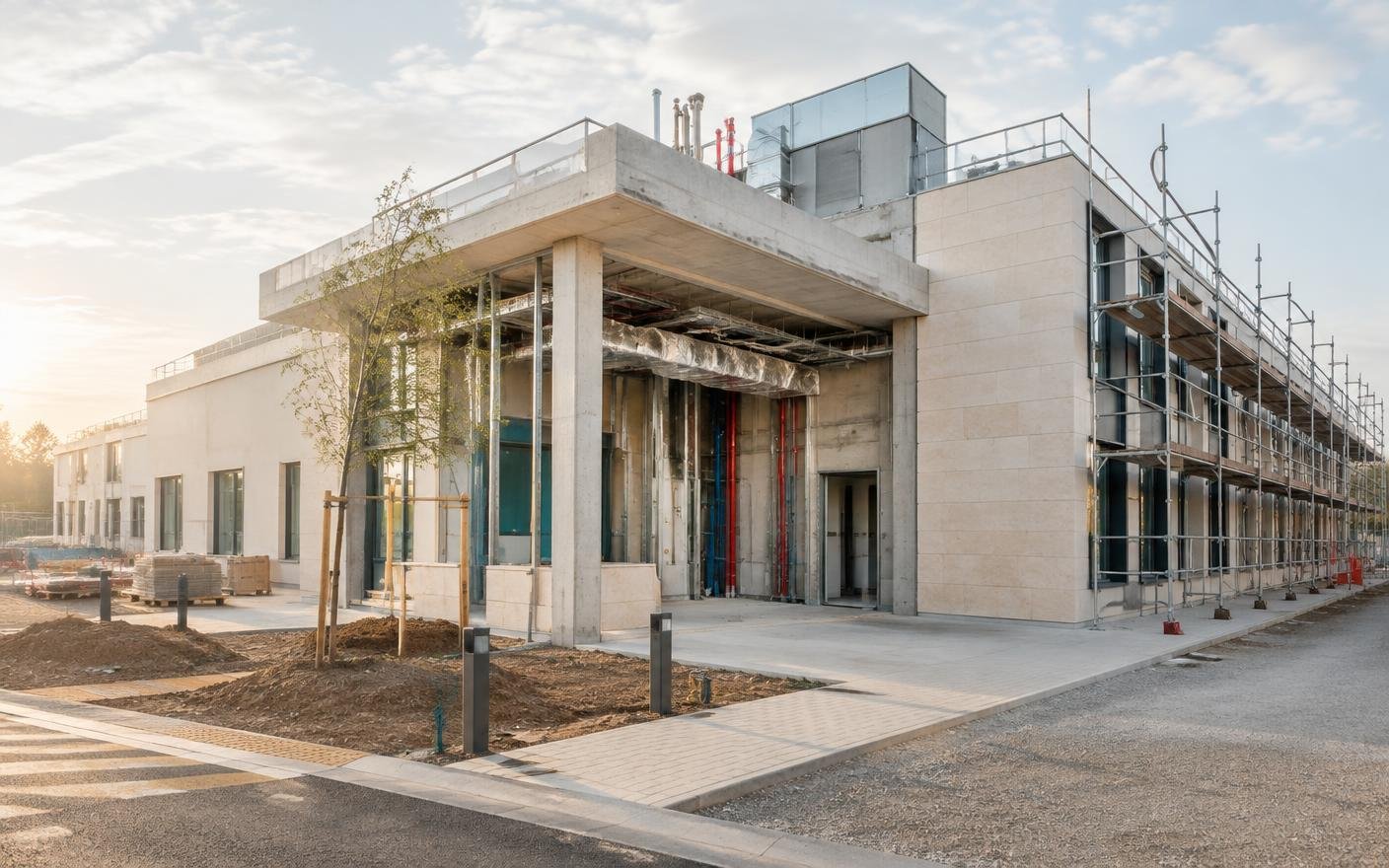 Healthcare facility under construction with services risers and clean walkways