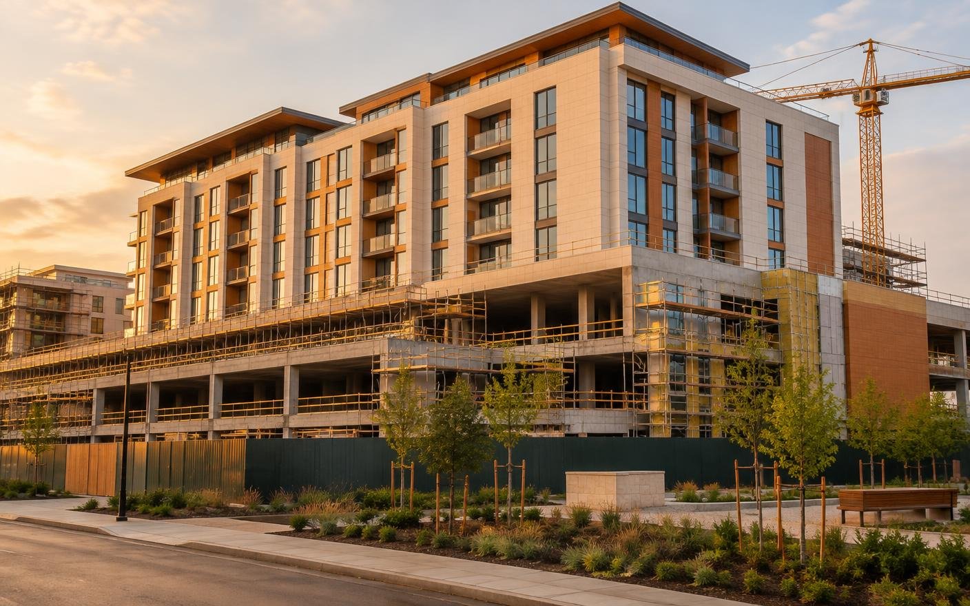 Hotel building under construction with stone facade