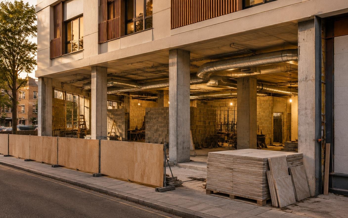 Restaurant building under construction with open storefront frontage
