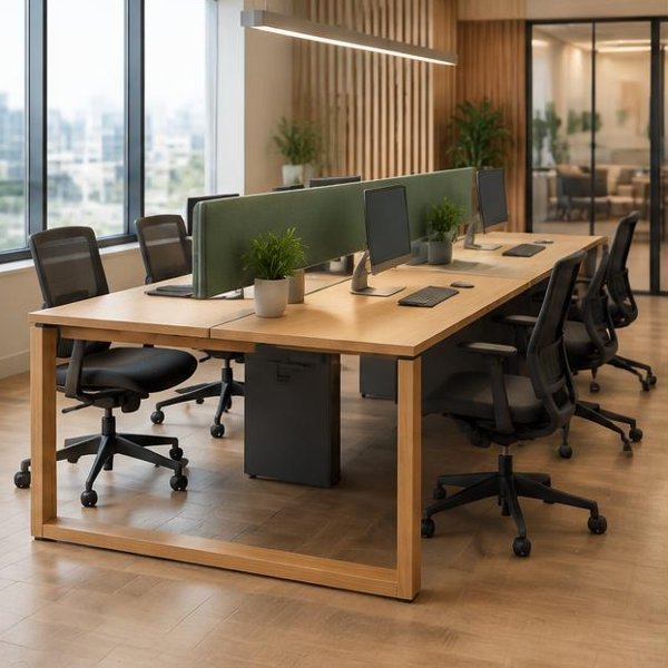 Oak bench workstations with mesh task chairs