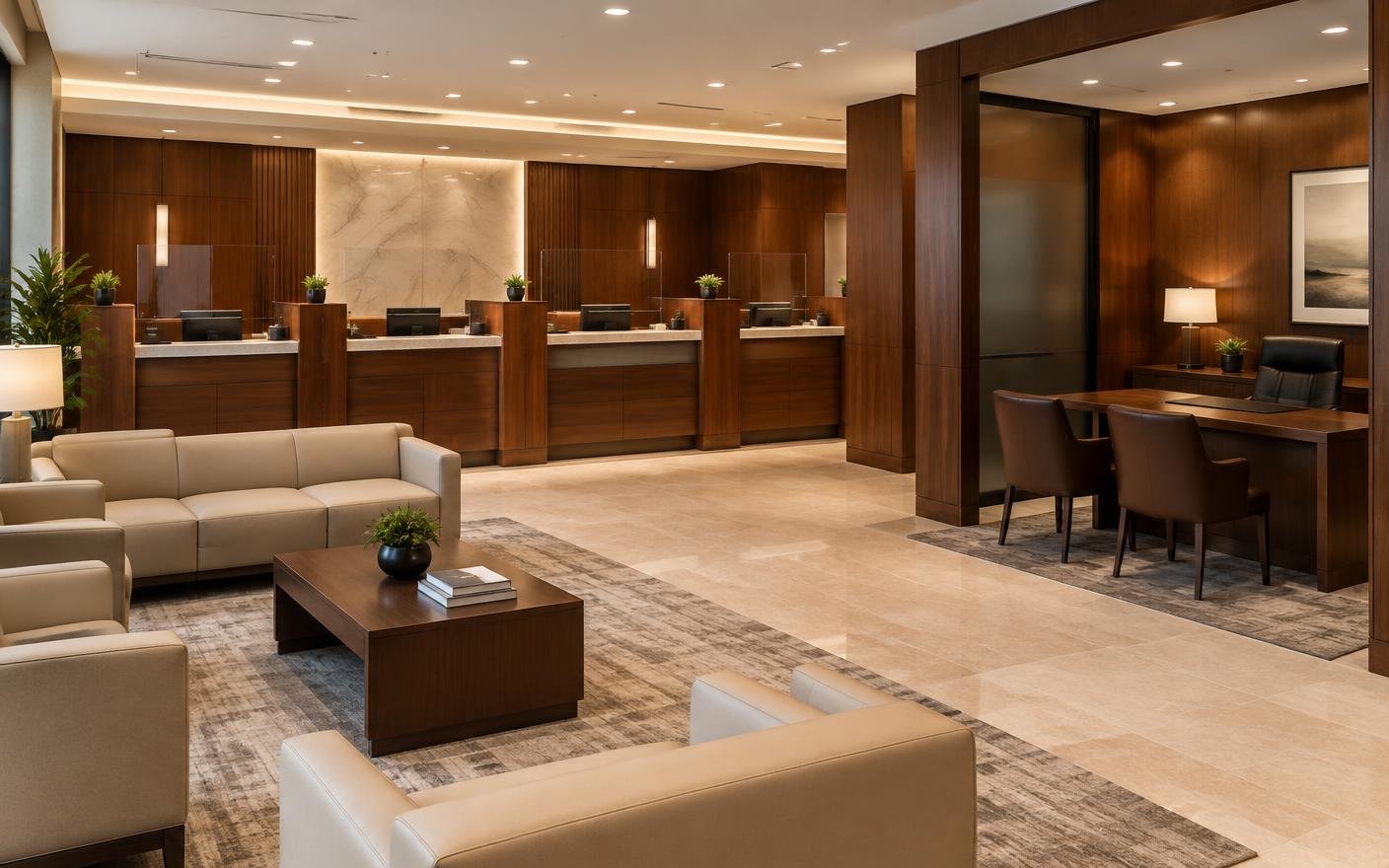 Bank branch with walnut teller counters, a consultation desk and client waiting sofas