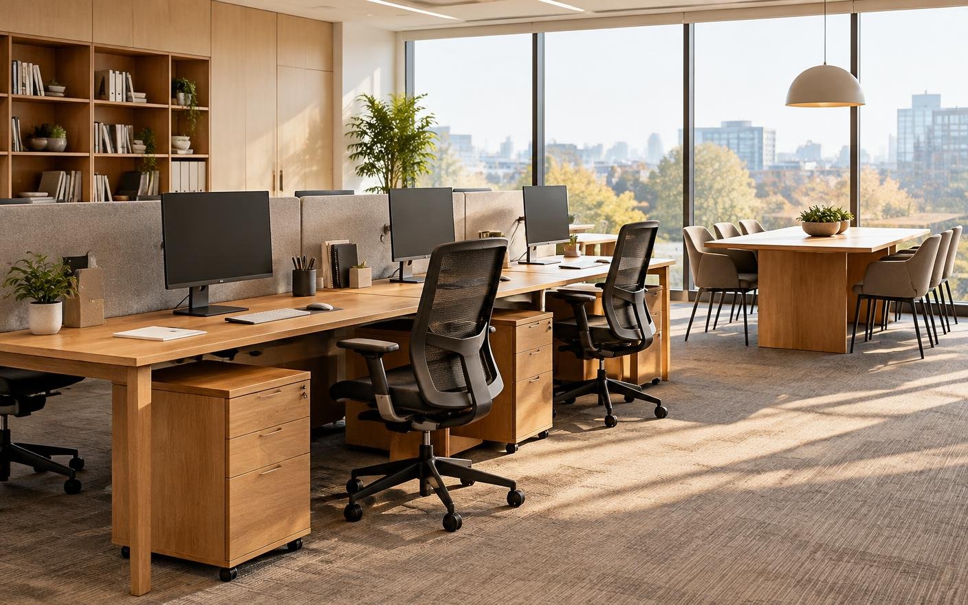 Corporate office furnished with oak bench workstations, mesh chairs and storage pedestals