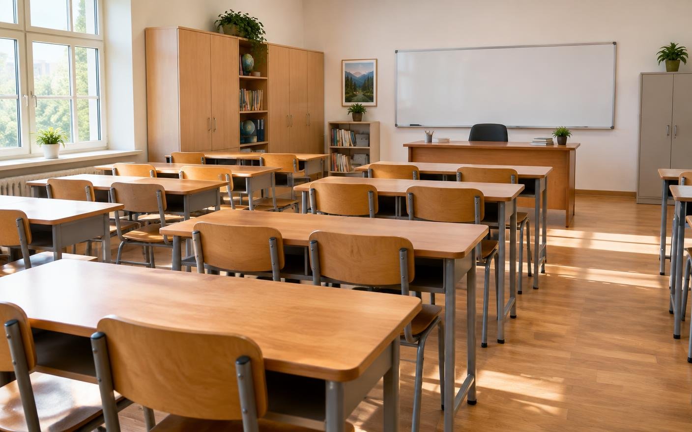 School classroom furnished with wooden student desks, chairs and storage cabinets
