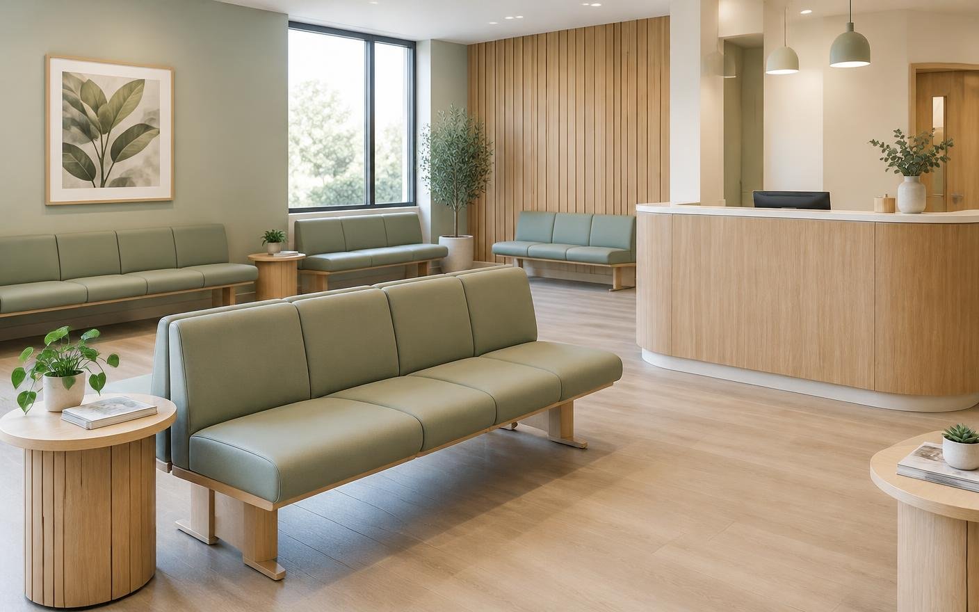 Clinic waiting area with sage upholstered beam seating and a rounded oak reception counter