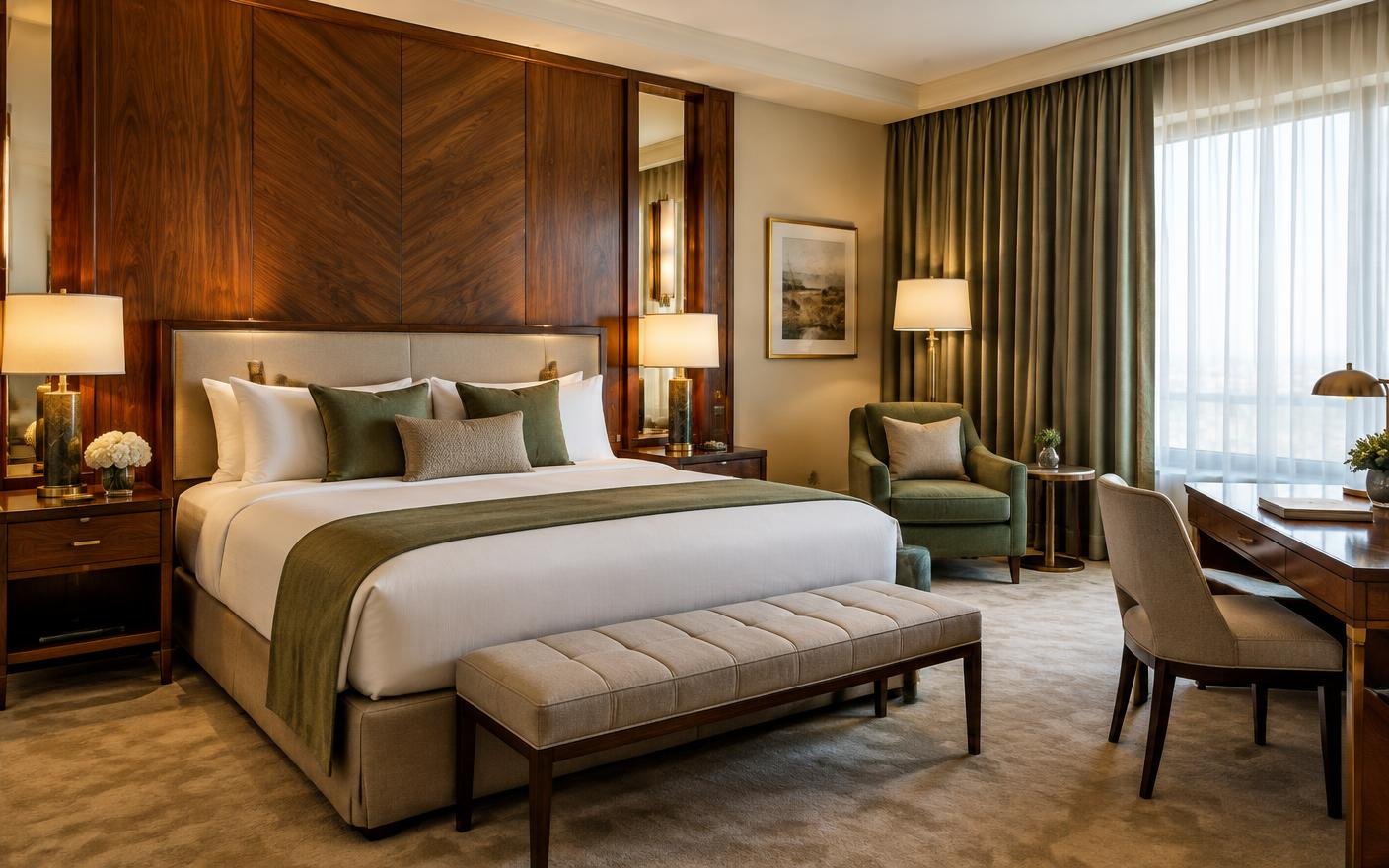 Luxury hotel guest room with walnut headboard, upholstered bench and writing desk