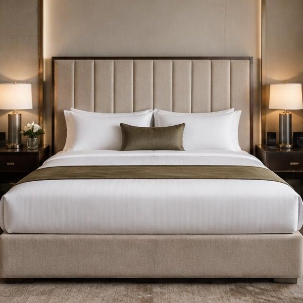 Hotel bed with upholstered headboard and side tables