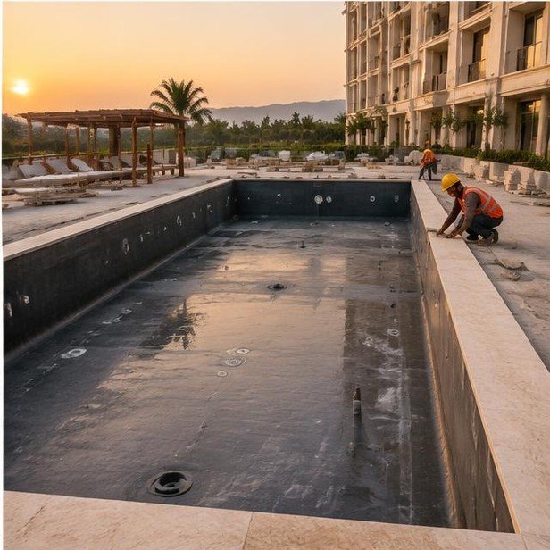Construction work package visualization: Pool deck & external amenities for Hotels & Hospitality