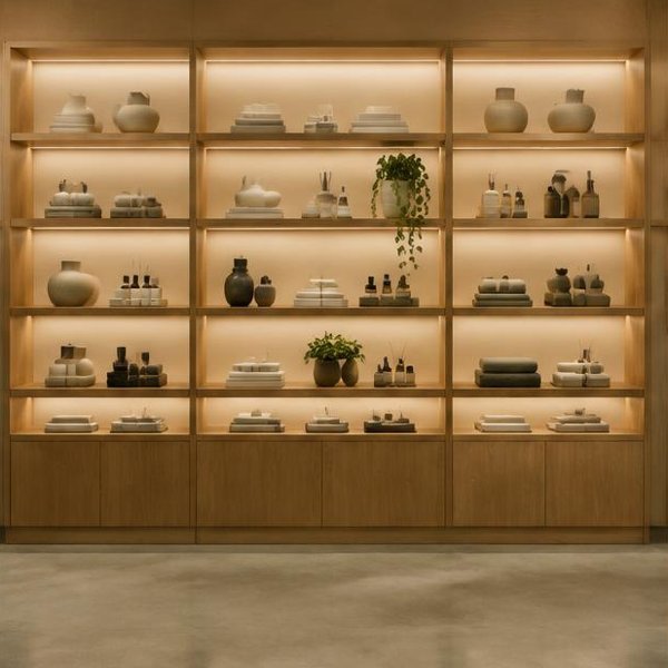 Wall shelving units produced by Woods Genie for retail showrooms spaces