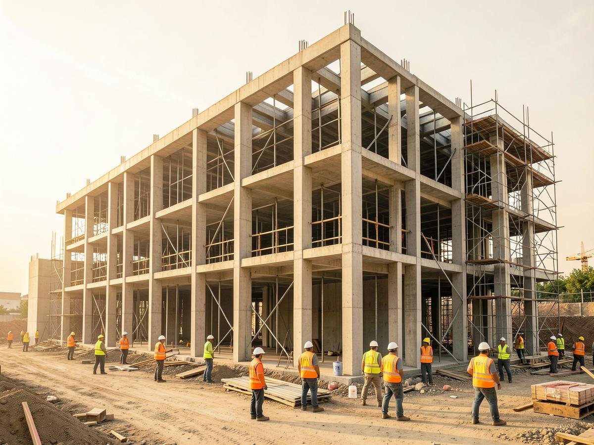 Commercial building under construction with concrete frame and site team