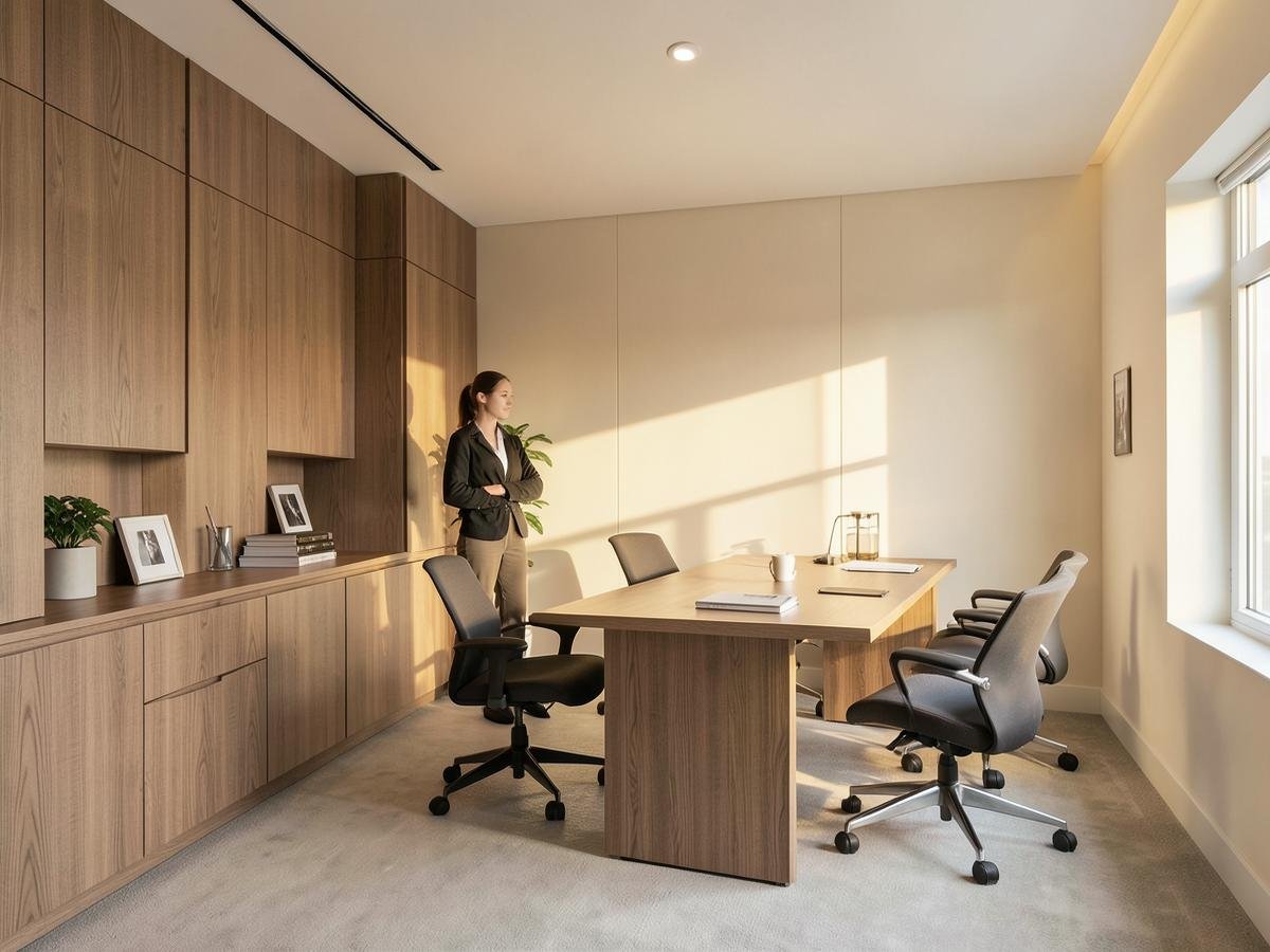 Completed corporate office interior with oak joinery and warm daylight