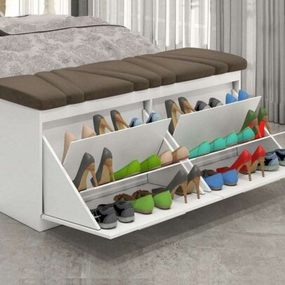 White 18 Pair Shoe Rack with Seating