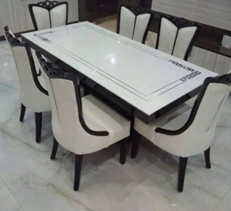 Sagwan Wood White Dining Set with 6 Seater