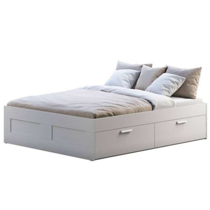 white wood queen bed with storage drawers