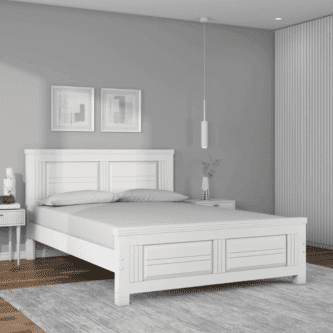 white wood queen bed with storage drawers